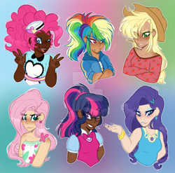 Size: 1600x1582 | Tagged: safe, artist:krypticquartz, imported from derpibooru, applejack, fluttershy, pinkie pie, rainbow dash, rarity, sci-twi, twilight sparkle, human, equestria girls, dark skin, deviantart watermark, humane five, humane six, humanized, obtrusive watermark, server pinkie pie, watermark