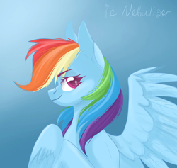 Size: 1684x1596 | Tagged: safe, artist:ie nebulizer, imported from derpibooru, rainbow dash, pegasus, pony, blue background, eyebrows, female, mare, multicolored hair, rainbow hair, simple background, smiling, solo, wings