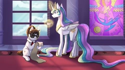 Size: 1280x720 | Tagged: safe, artist:puke-o, imported from derpibooru, part of a set, princess celestia, raven, alicorn, pony, unicorn, canterlot castle, crown, cup, duo, duo female, female, glasses, hoof shoes, jewelry, magic, mare, peytral, reading, regalia, scroll, stained glass, stained glass window, teacup, telekinesis, window