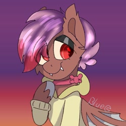 Size: 1439x1439 | Tagged: safe, artist:bluemoon, imported from derpibooru, oc, oc only, oc:heartstring fiddler, bat pony, pony, bat pony oc, clothes, eyeshadow, hoodie, makeup, solo