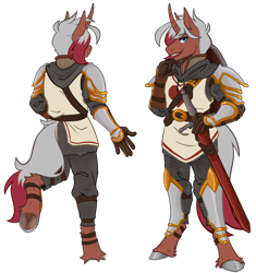 Size: 1962x2085 | Tagged: safe, alternate version, artist:skylleon, imported from derpibooru, oc, oc only, oc:heartstring fiddler, anthro, unguligrade anthro, anthro oc, armor, knight, male, simple background, solo, sword, transparent background, weapon