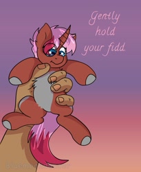 Size: 1341x1639 | Tagged: safe, artist:bluemoon, imported from derpibooru, oc, oc:heartstring fiddler, pony, commission, gradient background, gripping, hand, solo focus, text, ych result