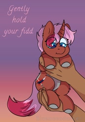 Size: 1139x1639 | Tagged: safe, artist:bluemoon, imported from derpibooru, oc, oc:heartstring fiddler, pony, commission, gripping, hand, holding a pony, pink mane, solo focus, ych result