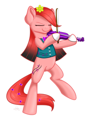 Size: 1024x1383 | Tagged: safe, artist:violyre, imported from derpibooru, oc, oc only, oc:chordstriker, earth pony, pony, bipedal, commission, earth pony oc, eyes closed, female, flower, flower in hair, musical instrument, simple background, solo, transparent background, violin