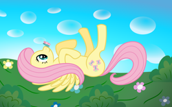 Size: 1920x1200 | Tagged: safe, alternate version, artist:mfg637, derpibooru exclusive, imported from derpibooru, fluttershy, butterfly, pony, .svg available, butterfly on nose, female, insect on nose, lying down, mare, solo, svg, vector, wallpaper