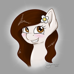 Size: 1000x1000 | Tagged: safe, artist:violyre, imported from derpibooru, oc, oc only, pony, blushing, bust, female, flower, flower in hair, simple background, smiling, solo