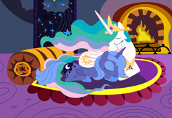 Size: 5403x3721 | Tagged: safe, artist:risingmoondragon, artist:walliscolours, imported from derpibooru, princess celestia, princess luna, alicorn, pony, crying, duo, eyes closed, female, fire, fireplace, lying down, prone, s1 luna