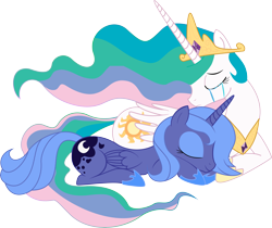 Size: 6590x5530 | Tagged: safe, artist:risingmoondragon, artist:walliscolours, imported from derpibooru, princess celestia, princess luna, alicorn, pony, crying, duo, eyes closed, female, lying down, prone, s1 luna, simple background, transparent background