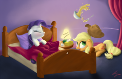 Size: 1680x1092 | Tagged: safe, artist:sameasusual, imported from derpibooru, applejack, rarity, earth pony, pony, unicorn, bed, duo, eyes closed, female, food, lamp, sick, sneezing, soup, spill, thermometer, tissue, tissue box