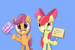 Size: 3000x2000 | Tagged: safe, artist:sameasusual, imported from derpibooru, apple bloom, scootaloo, earth pony, pegasus, pony, blue background, duo, fake moustache, female, sign, simple background