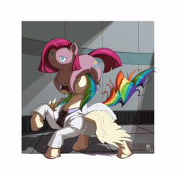 Size: 2500x2500 | Tagged: safe, artist:gor1ck, imported from derpibooru, pinkie pie, oc, oc:shooting star, earth pony, pegasus, pony, clothes, commission, half-life, headcrab, high res, indoors, lab coat, multicolored hair, not rainbow dash, open mouth, pegasus oc, pinkamena diane pie, potato pony, rainbow hair, scientist, screaming, tongue out, unshorn fetlocks, video game crossover, ych result