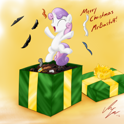 Size: 1200x1200 | Tagged: safe, artist:sameasusual, imported from derpibooru, sweetie belle, pony, unicorn, christmas, fake moustache, female, holiday, present, solo