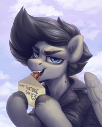 Size: 1600x2000 | Tagged: safe, alternate version, artist:jewellier, imported from derpibooru, oc, pegasus, pony, cloud, cloudy, cyrillic, envelope, letter, licking, looking at you, male, open mouth, pegasus oc, russian, solo, stallion, tongue out, translated in the description