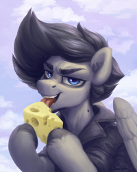 Size: 1600x2000 | Tagged: safe, alternate version, artist:jewellier, imported from derpibooru, oc, pegasus, pony, cheese, cloud, cloudy, food, licking, looking at you, male, open mouth, pegasus oc, solo, stallion, tongue out