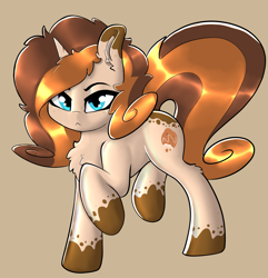Size: 1521x1581 | Tagged: safe, artist:llametsul, imported from derpibooru, oc, oc only, oc:creme cookie, pony, unicorn, chest fluff, ear fluff, female, horn, looking at you, mare, raised hoof, simple background, solo