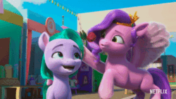 Size: 400x225 | Tagged: safe, imported from derpibooru, screencap, pipp petals, sunny starscout, earth pony, pegasus, pony, spoiler:my little pony: make your mark chapter 2, spoiler:myms01e01, adorapipp, animated, cute, female, filly, flower, flying, foal, g5, happy, hug, izzy does it, mare, my little pony: make your mark, my little pony: make your mark chapter 2, pippsqueaks, rose, seashell (g5), shellabetes, smiling