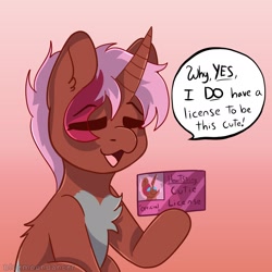 Size: 1790x1788 | Tagged: safe, alternate version, artist:bluemoon, imported from derpibooru, oc, oc only, oc:heartstring fiddler, pony, unicorn, chest fluff, commission, cute, horn, id card, license, solo, speech bubble, text, unicorn oc, ych result