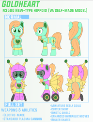 Size: 5000x6500 | Tagged: safe, artist:trackheadtherobopony, imported from derpibooru, oc, oc:goldheart, pony, robot, robot pony, bio in description, clothes, helmet, reference sheet, skates, skirt