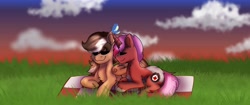 Size: 3439x1439 | Tagged: safe, artist:bluemoon, imported from derpibooru, oc, oc:heartstring fiddler, oc:zugatti, butterfly, pony, unicorn, horn, old art, old cutie mark, picnic blanket, sunset, unicorn oc