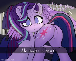 Size: 2560x2048 | Tagged: safe, artist:darbedarmoc, imported from derpibooru, starlight glimmer, twilight sparkle, alicorn, pony, unicorn, butt, butt touch, car, car interior, dialogue, dock, featureless crotch, female, he wants to order, horn, lesbian, looking at you, mare, meme, plot, selfie, shipping, spread legs, spread wings, spreading, tail, twibutt, twilight sparkle (alicorn), twistarlight, two toned mane, two toned tail, wings