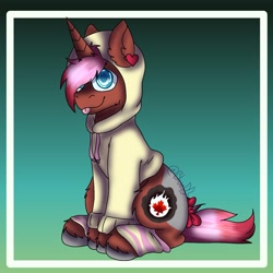 Size: 1439x1439 | Tagged: safe, artist:bluemoon, imported from derpibooru, oc, oc:heartstring fiddler, pony, :p, bow, clothes, cute, hoodie, old art, old cutie mark, pink mane, solo, tongue out