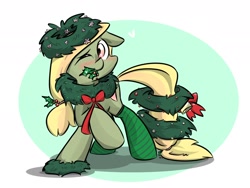 Size: 2048x1536 | Tagged: safe, artist:melodenesa, imported from derpibooru, oc, oc only, oc:festive pudding, earth pony, pony, blushing, christmas, christmas wreath, clothes, earth pony oc, female, floppy ears, holiday, holly, holly mistaken for mistletoe, simple background, socks, solo, white background, wreath