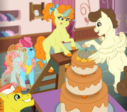 Size: 10160x8943 | Tagged: safe, artist:faitheverlasting, imported from derpibooru, carrot cake, cup cake, pear butter, pound cake, pumpkin cake, earth pony, ghost, ghost pony, pegasus, pony, undead, unicorn, absurd resolution, cake, cake family, cake twins, colt, female, filly, floating, foal, food, glowing, glowing horn, headcanon, horn, ladder, levitation, magic, male, mare, older, older pound cake, older pumpkin cake, pear butter's ghost, siblings, stallion, telekinesis, twins