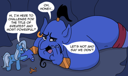 Size: 2406x1425 | Tagged: safe, artist:doodledonutart, imported from derpibooru, trixie, genie, pony, unicorn, aladdin, crossover, duo, female, genie (aladdin), great and powerful, lamp, mare, speech bubble, this will end in tears