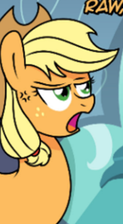 Size: 472x854 | Tagged: safe, artist:ladyanidraws, edit, imported from derpibooru, applejack, earth pony, pony, applejack is not amused, applejack's hat, bedroom, cowboy hat, cropped, cross-popping veins, dialogue, emanata, female, freckles, hat, mare, rainbow dash's bedroom, text, unamused