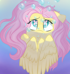 Size: 1280x1355 | Tagged: safe, artist:flutterbug18, imported from derpibooru, fluttershy, pegasus, pony, :i, air bubble, bubble, bust, cutie mark eyes, feather, female, floppy ears, flowing mane, full face view, gradient background, holding breath, mare, ocean, puffy cheeks, solo, stray strand, underwater, water, watershy, wingding eyes, wings