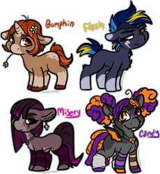 Size: 1609x1748 | Tagged: safe, artist:sexygoatgod, imported from derpibooru, oc, oc only, bat pony, earth pony, pony, unicorn, adoptable, chibi, clothes, country, ear piercing, female, floppy ears, flower, flower in hair, freckles, goth, halloween, holiday, jewelry, leg warmers, makeup, necklace, pacifier, piercing, running makeup, shaved head, simple background, stockings, thigh highs, tongue out, transparent background