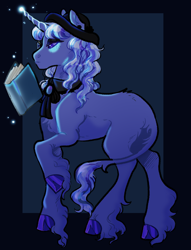 Size: 1432x1876 | Tagged: safe, artist:cactiflowers, imported from derpibooru, oc, oc only, classical unicorn, pony, unicorn, book, cloven hooves, collar, hat, leonine tail, magic, solo, tail, unshorn fetlocks