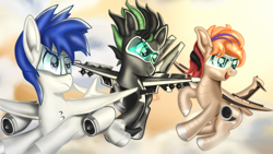 Size: 1920x1080 | Tagged: safe, artist:seki_98, imported from derpibooru, oc, oc only, oc:fededash, oc:maxipoiu, oc:monolith, original species, plane pony, pony, happy, plane, sky, trio, war thunder