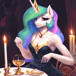 Size: 1024x1024 | Tagged: safe, imported from derpibooru, princess celestia, alicorn, anthro, ai content, ai generated, bare shoulders, breasts, candle, clothes, crown, dinner, dress, female, generator:purplesmart.ai, generator:stable diffusion, headwear, horn, jewelry, mare, necklace, reasonably sized breasts, regalia, sitting, sleeveless, smiling, solo