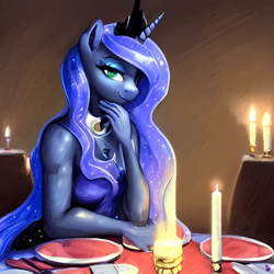 Size: 1024x1024 | Tagged: safe, imported from derpibooru, princess luna, alicorn, anthro, ai content, ai generated, candle, clothes, crown, dinner, dress, female, generator:purplesmart.ai, generator:stable diffusion, headwear, jewelry, lidded eyes, mare, regalia, sitting, smiling, solo