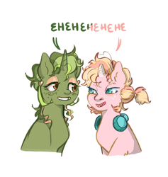 Size: 1144x1206 | Tagged: safe, artist:pink lemonade, imported from derpibooru, oc, oc only, oc:pink lemonade, pony, unicorn, duo, ear piercing, earring, eyebrow slit, eyebrows, eyeshadow, freckles, headphones, human nose, jewelry, laughing, lidded eyes, looking at each other, looking at someone, makeup, nose piercing, nostril piercing, open mouth, open smile, piercing, simple background, small nose, smiling, weird mouth, white background