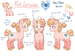 Size: 2048x1535 | Tagged: safe, artist:pink lemonade, imported from derpibooru, oc, oc only, oc:pink lemonade, pony, snail, unicorn, ear piercing, earring, eyebrow slit, eyebrows, jewelry, looking down, nose piercing, nostril piercing, open mouth, piercing, ponysona, reference sheet, short tail, smiling, solo, tail, unshorn fetlocks