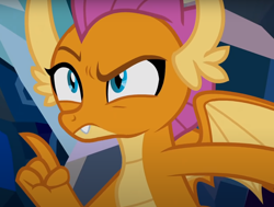 Size: 1022x771 | Tagged: safe, imported from derpibooru, screencap, smolder, dragon, what lies beneath, cropped, dragoness, female, pointing, raised eyebrow, solo