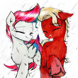 Size: 1968x1968 | Tagged: safe, artist:liaaqila, imported from derpibooru, sprout cloverleaf, zipp storm, earth pony, pegasus, pony, adorazipp, cute, drawing, duo, duo male and female, eyes closed, female, g5, male, mare, my little pony: a new generation, rain, shipping, simple background, smiling, sproutbetes, stallion, straight, traditional art, wet, wet mane, white background, wings, zippsprout