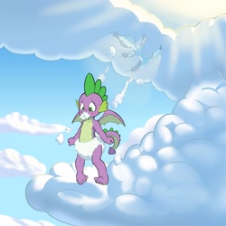 Size: 3000x3000 | Tagged: safe, artist:parumpi, imported from derpibooru, spike, dragon, sweet and smoky, cloud, cloud diaper, cloud pacifier, diaper, male, scene interpretation, winged spike, wings