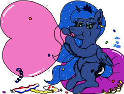 Size: 2425x1848 | Tagged: safe, artist:puffydearlysmith, derpibooru exclusive, imported from derpibooru, princess luna, alicorn, pony, balloon, beach ball, blowing up balloons, confetti, crown, ear fluff, ear piercing, earring, ethereal mane, female, heart, heart balloon, inflating, jewelry, lidded eyes, looking at you, loonerluna, mare, piercing, regalia, simple background, starry mane, starry tail, tail, that pony sure does love balloons, transparent background