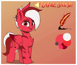 Size: 2290x1920 | Tagged: safe, artist:joaothejohn, imported from derpibooru, oc, oc only, oc:flamebrush, pegasus, pony, chest fluff, cute, ear piercing, earring, folded wings, jewelry, looking at you, male, open mouth, pegasus oc, piercing, reference sheet, simple background, smiling, stallion, two toned wings, walking, wings
