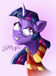 Size: 2675x3610 | Tagged: safe, artist:sonyager, artist:tyleks, imported from derpibooru, twilight sparkle, alicorn, pony, bust, clothes, collaboration, female, glasses, gradient background, grin, harry potter, harry potter (series), mare, round glasses, scarf, smiling, solo, striped scarf, twilight sparkle (alicorn)