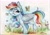 Size: 2048x1454 | Tagged: safe, artist:dearmary, imported from derpibooru, rainbow dash, butterfly, pegasus, pony, 2014, ear fluff, female, flower, mare, mouth hold, smiling, solo, traditional art, wings