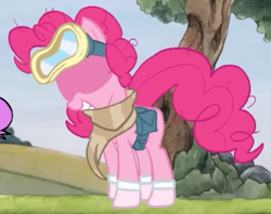 Size: 307x243 | Tagged: safe, artist:awesome toon, imported from derpibooru, pinkie pie, earth pony, pony, bag, clothes, cursed image, dusk till dawn, female, goggles, hair bun, mare, no eyes, pibby, saddle bag, scarf, smiling, socks, tree, youtube link