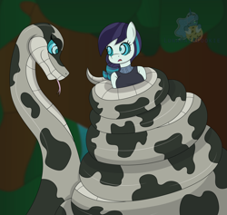 Size: 2669x2533 | Tagged: safe, artist:lunahazacookie, imported from derpibooru, coloratura, anthro, earth pony, snake, clothes, coils, forest, hypno eyes, hypnosis, kaa eyes, outdoors