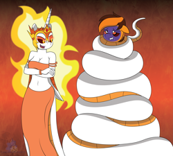 Size: 3375x3038 | Tagged: safe, artist:lunahazacookie, imported from derpibooru, daybreaker, anthro, lamia, breasts, cleavage, clothes, coils, constriction, crossed arms, hypno eyes, lamiafied, male, mane of fire, species swap, sweat