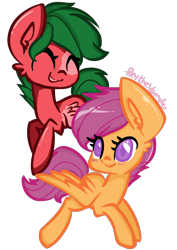 Size: 1000x1414 | Tagged: safe, artist:thecreativerey, imported from derpibooru, scootaloo, oc, pegasus, pony, duo, ear fluff, female, filly, foal, pegasus oc, simple background, transparent background, wings