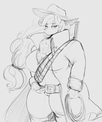 Size: 1800x2150 | Tagged: safe, artist:thelunarmoon, imported from derpibooru, applejack, anthro, earth pony, belt, breasts, busty applejack, clothes, female, freckles, grayscale, gun, gunslinger, jacket, lidded eyes, looking at you, mare, monochrome, pants, rope, scarf, serious, serious face, shirt, solo, thighs, thunder thighs, weapon