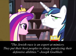 Size: 950x700 | Tagged: safe, imported from ponybooru, princess cadance, queen chrysalis, shining armor, changeling, a canterlot wedding, antisemitism, disguise, disguised changeling, joseph goebbels, quote, racism